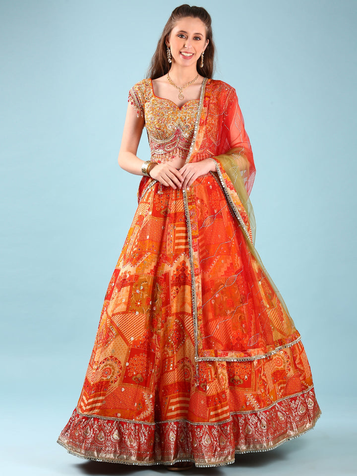 Neerus Orange Chinon hand embroidered ghagra lehenga set - front view