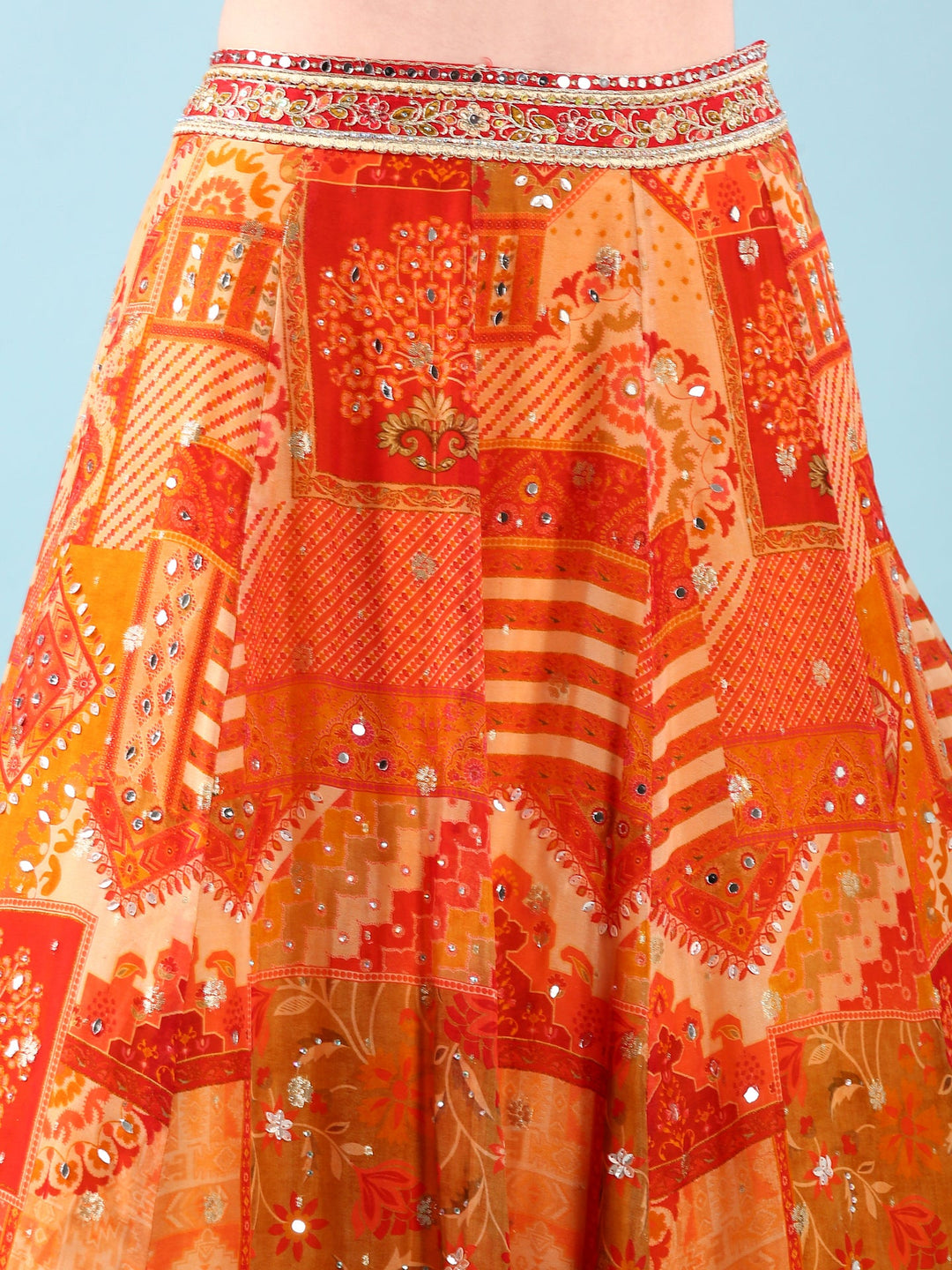 Neerus Orange Chinon hand embroidered ghagra lehenga set - detail view 3