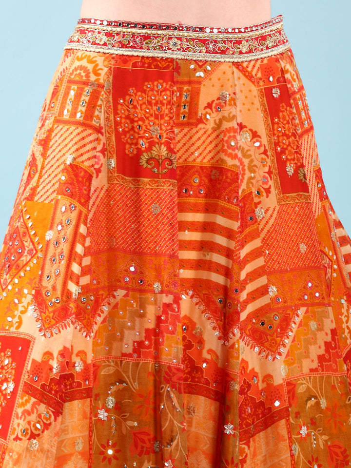Neerus Orange Chinon hand embroidered ghagra lehenga set - detail view 3