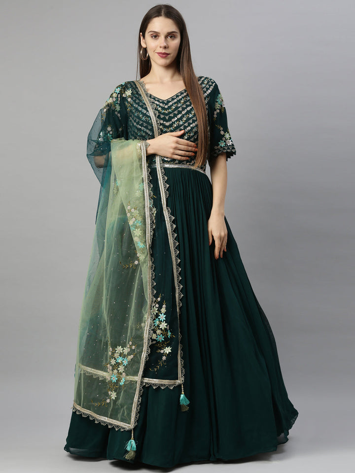 Neerus Green georgette anarkali dress - front view