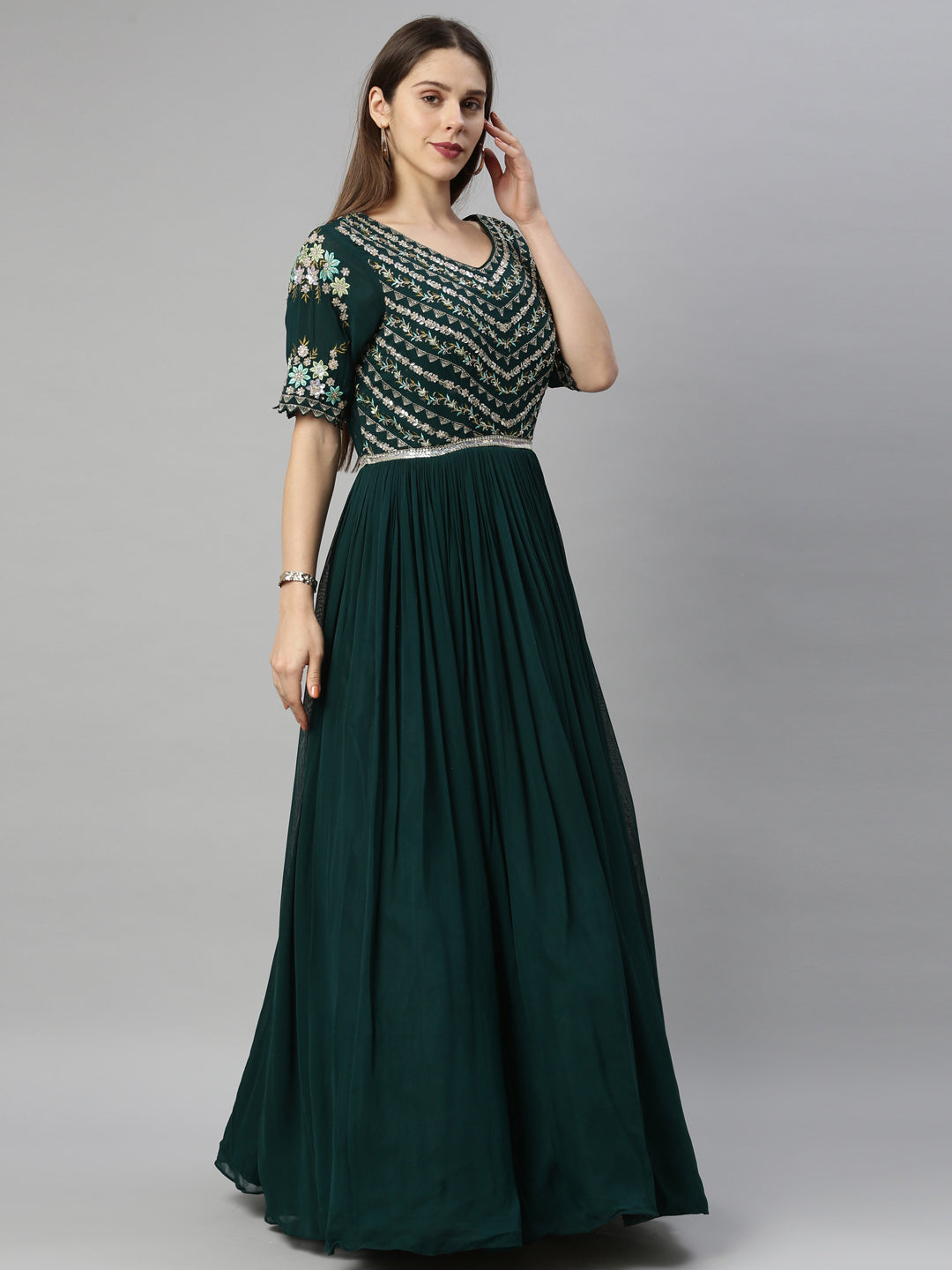 Neerus Green georgette anarkali dress - detail view 1