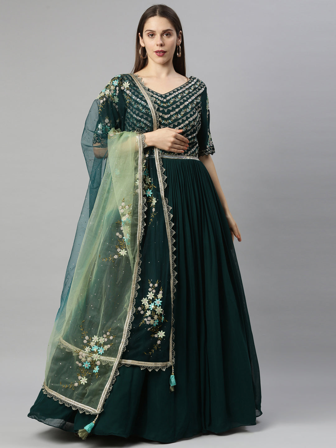 Neerus Green georgette anarkali dress - detail view 3