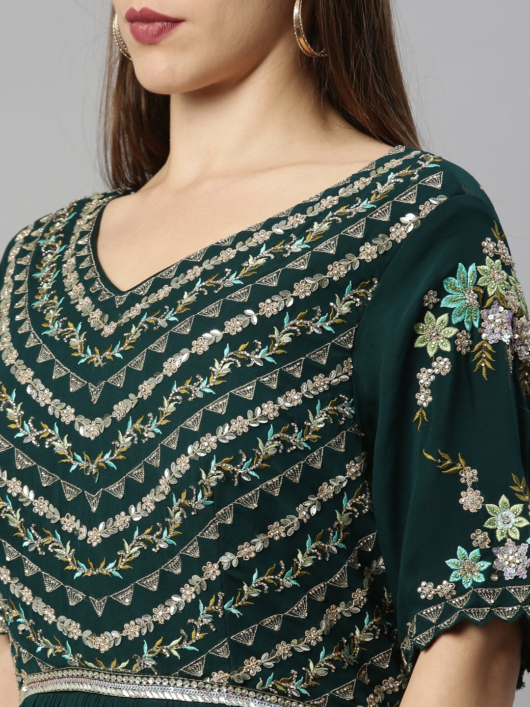 Neerus Green georgette anarkali dress - detail view 5