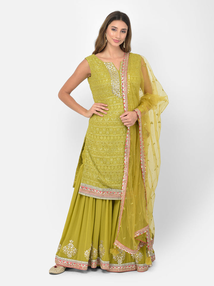 Neerus Green georgette chikankari kurta set - detail view 6