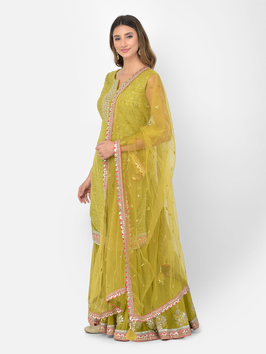 Neerus Green georgette chikankari kurta set - back view