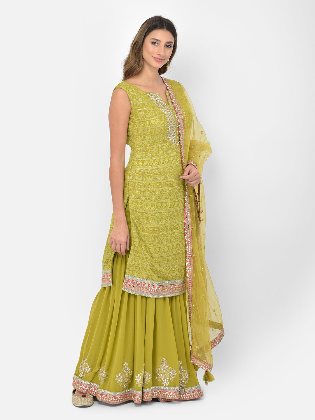 Neerus Green georgette chikankari kurta set - side view
