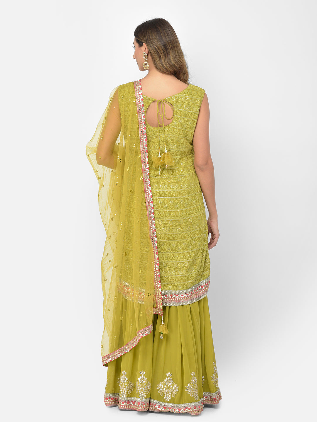 Neerus Green georgette chikankari kurta set - detail view 1