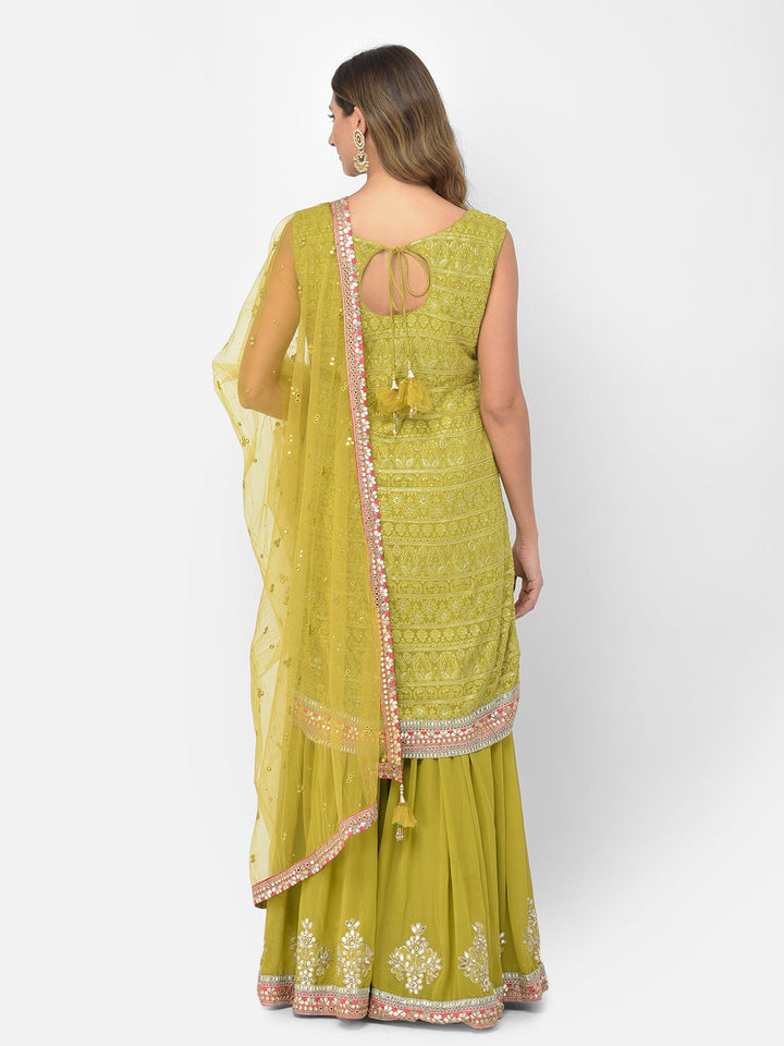 Neerus Green georgette chikankari kurta set - detail view 1