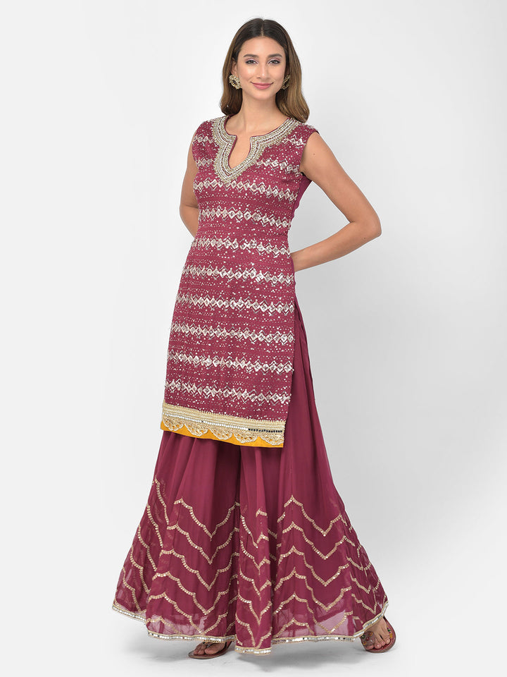 Neerus Maroon georgette embellished kurta set - front view