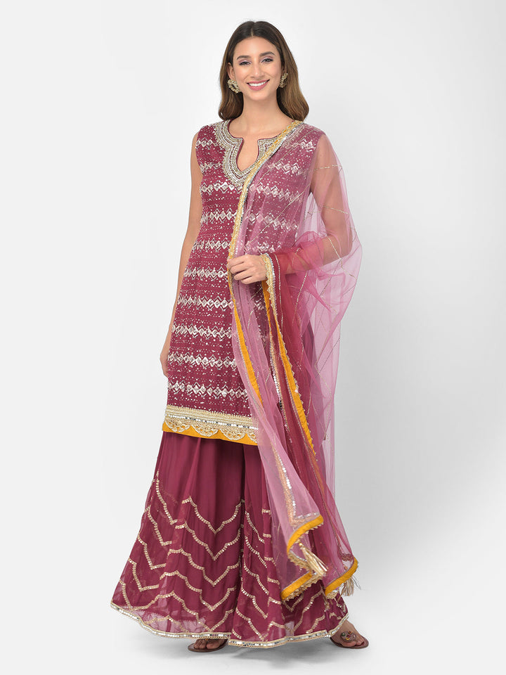Neerus Maroon georgette embellished kurta set - back view