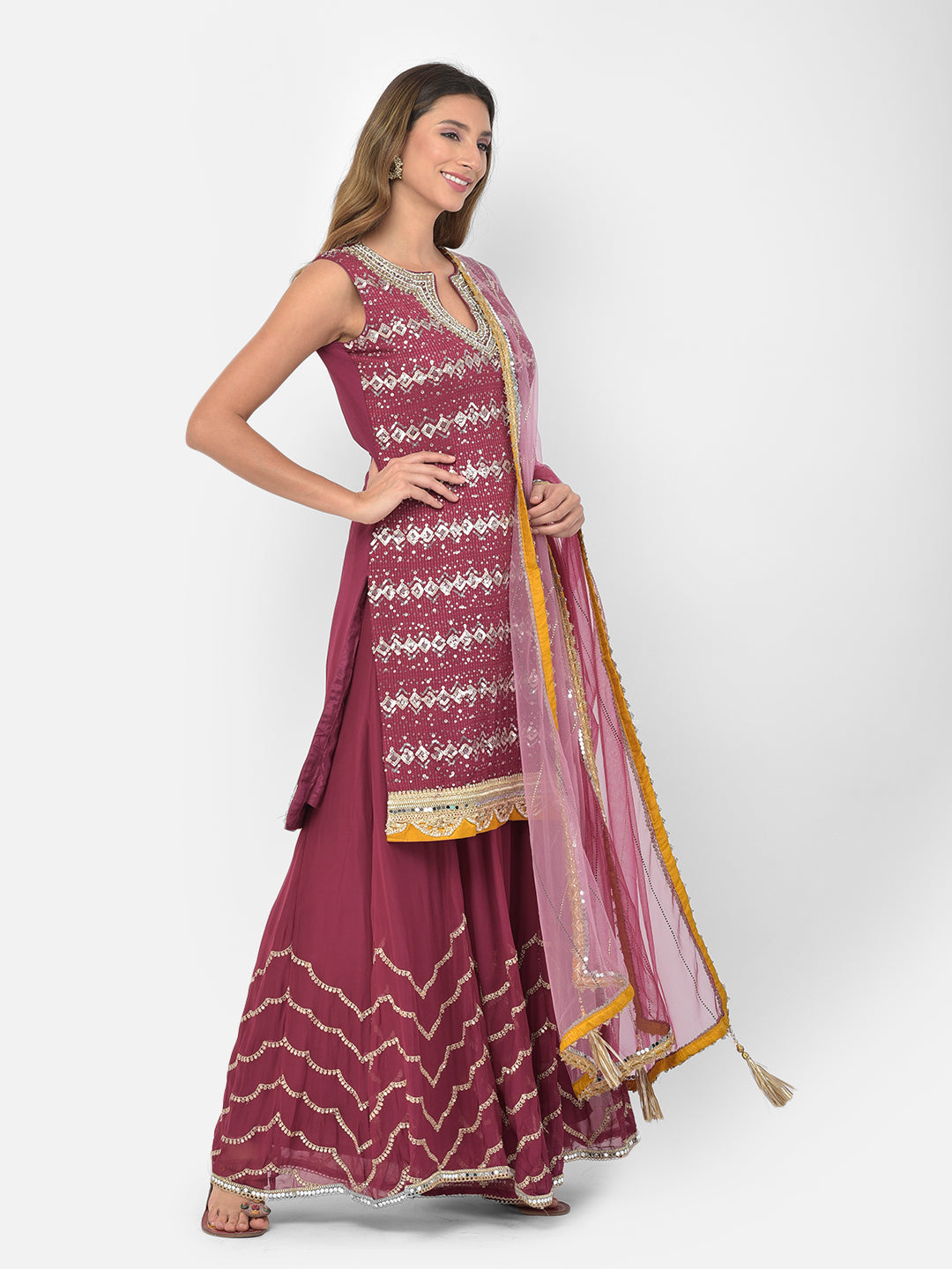 Neerus Maroon georgette embellished kurta set - detail view 1