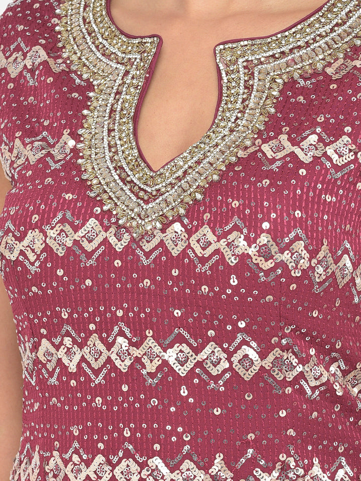 Neerus Maroon georgette embellished kurta set - detail view 11