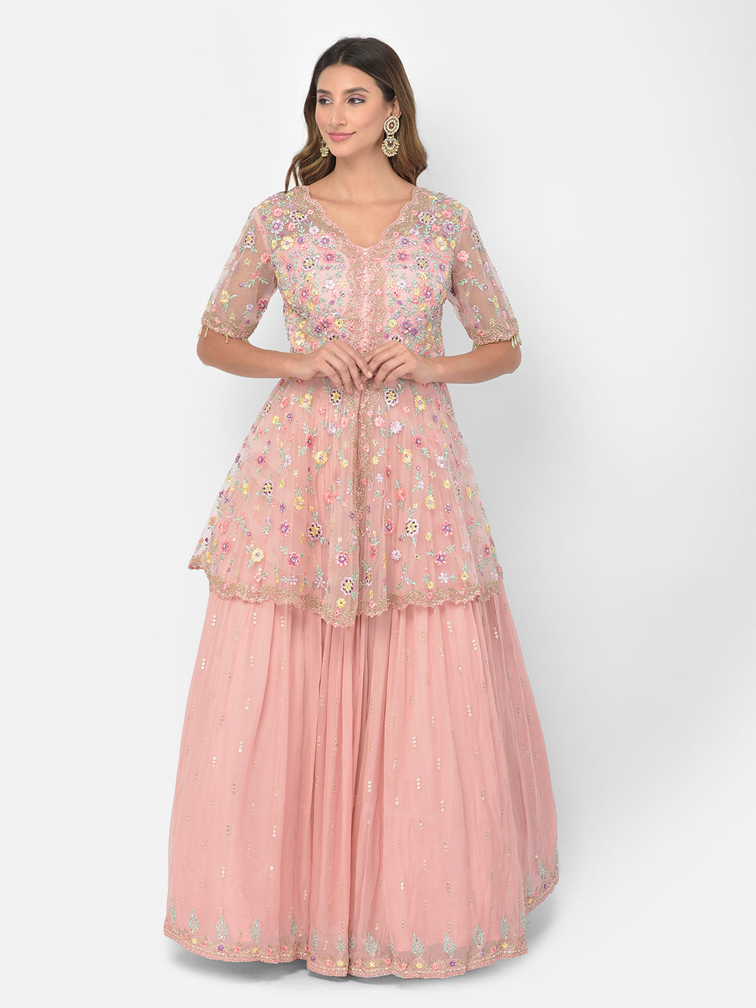 Neerus Pink georgette embellished kurta set - front view