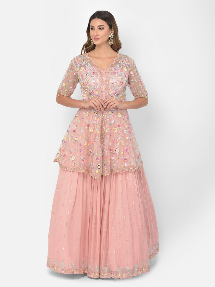 Neerus Pink georgette embellished kurta set - front view