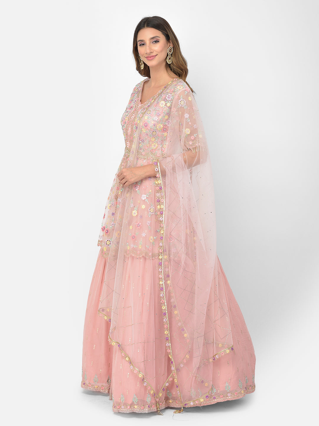 Neerus Pink georgette embellished kurta set - back view