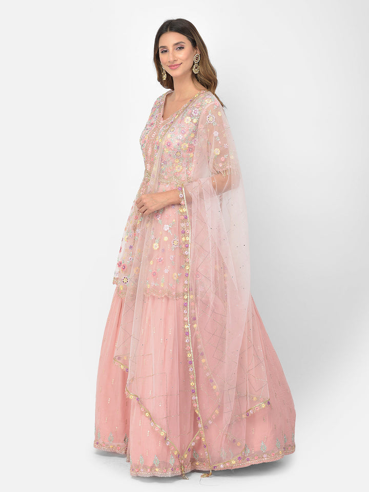 Neerus Pink georgette embellished kurta set - back view