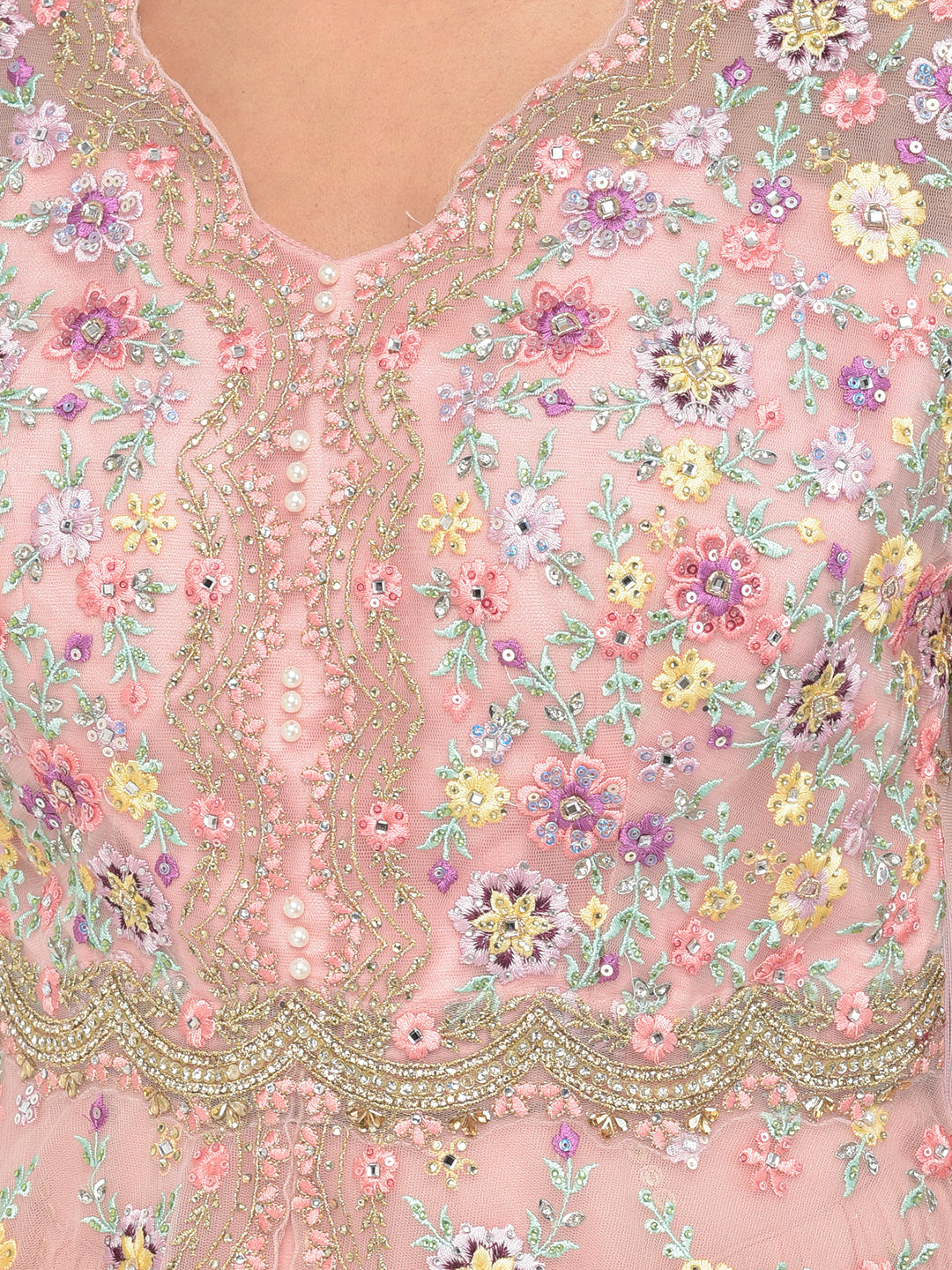 Neerus Pink georgette embellished kurta set - detail view 2