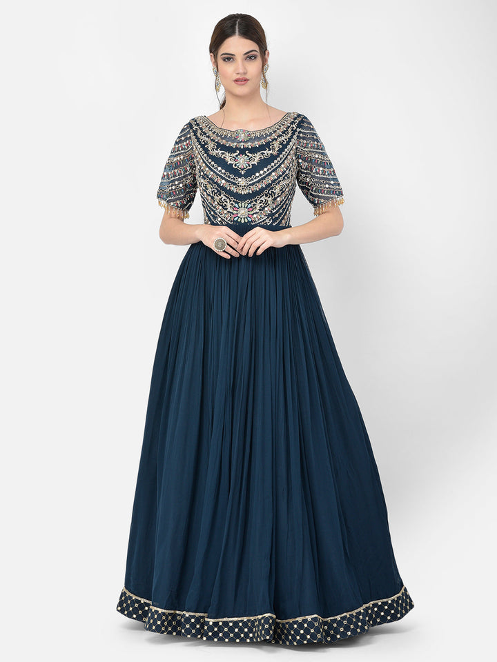 Neerus Blue georgette embellished gown with dupatta - front view