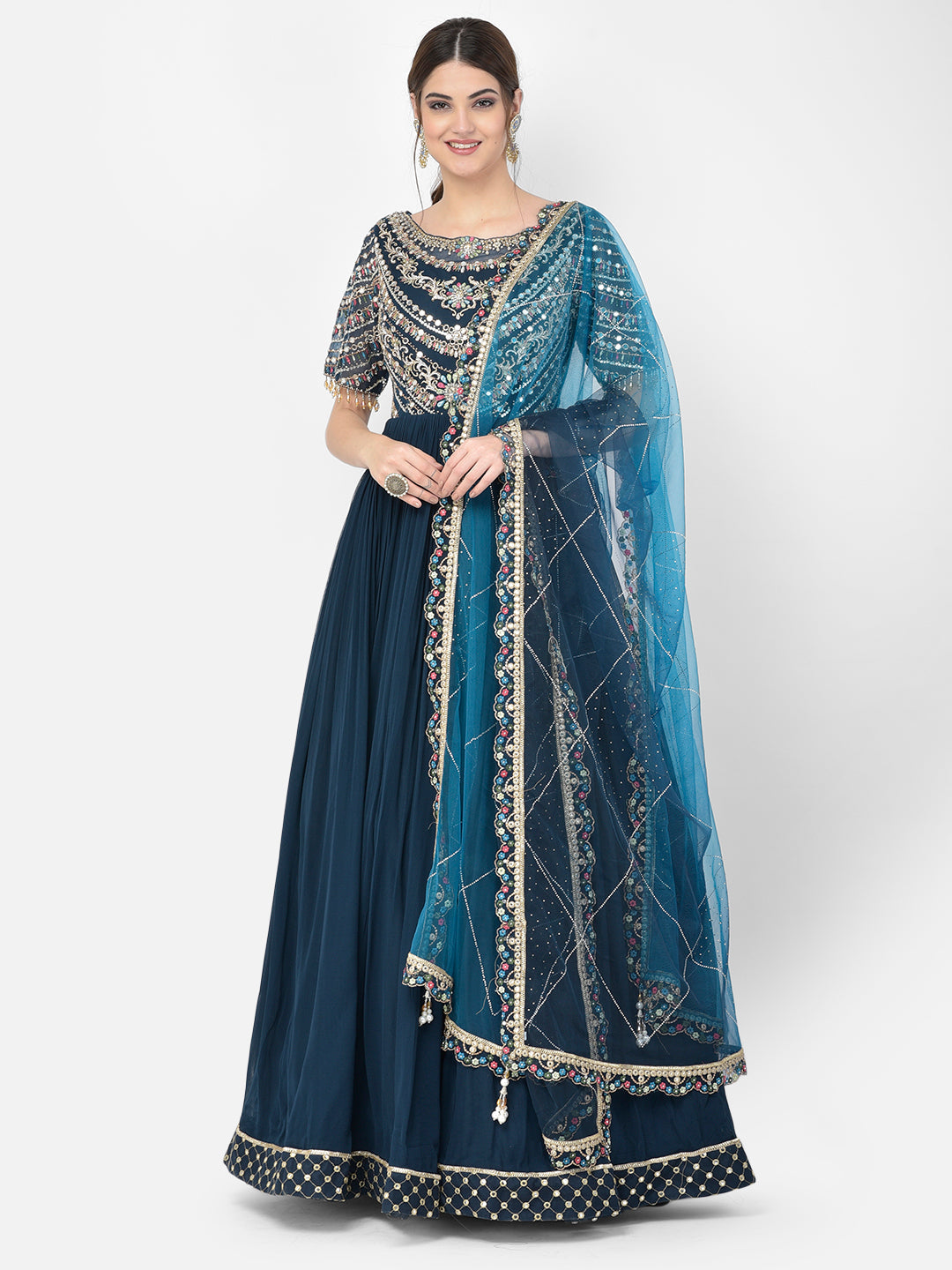 Neerus Blue georgette embellished gown with dupatta - detail view 4