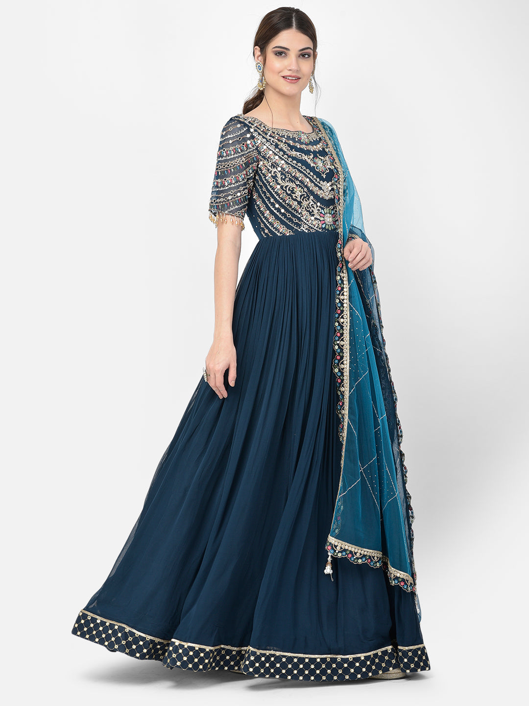 Neerus Blue georgette embellished gown with dupatta - side view