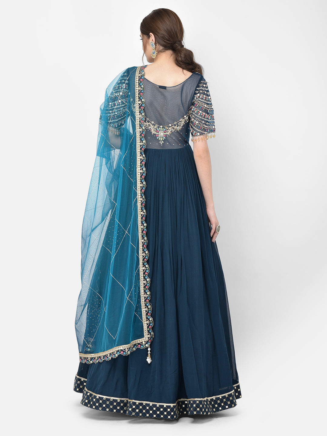 Neerus Blue georgette embellished gown with dupatta - detail view 1