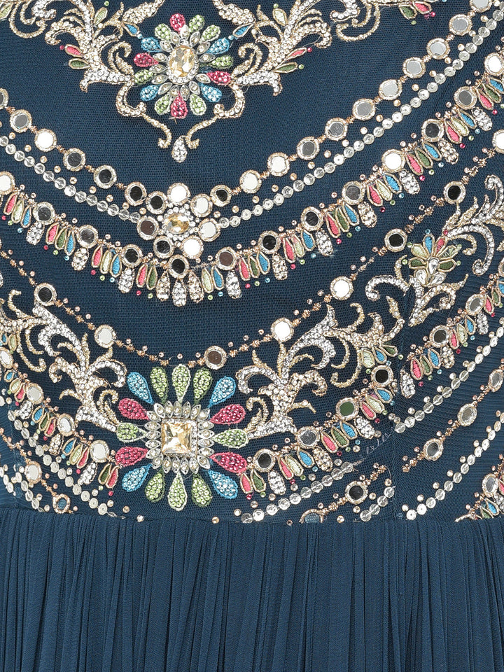 Neerus Blue georgette embellished gown with dupatta - detail view 2