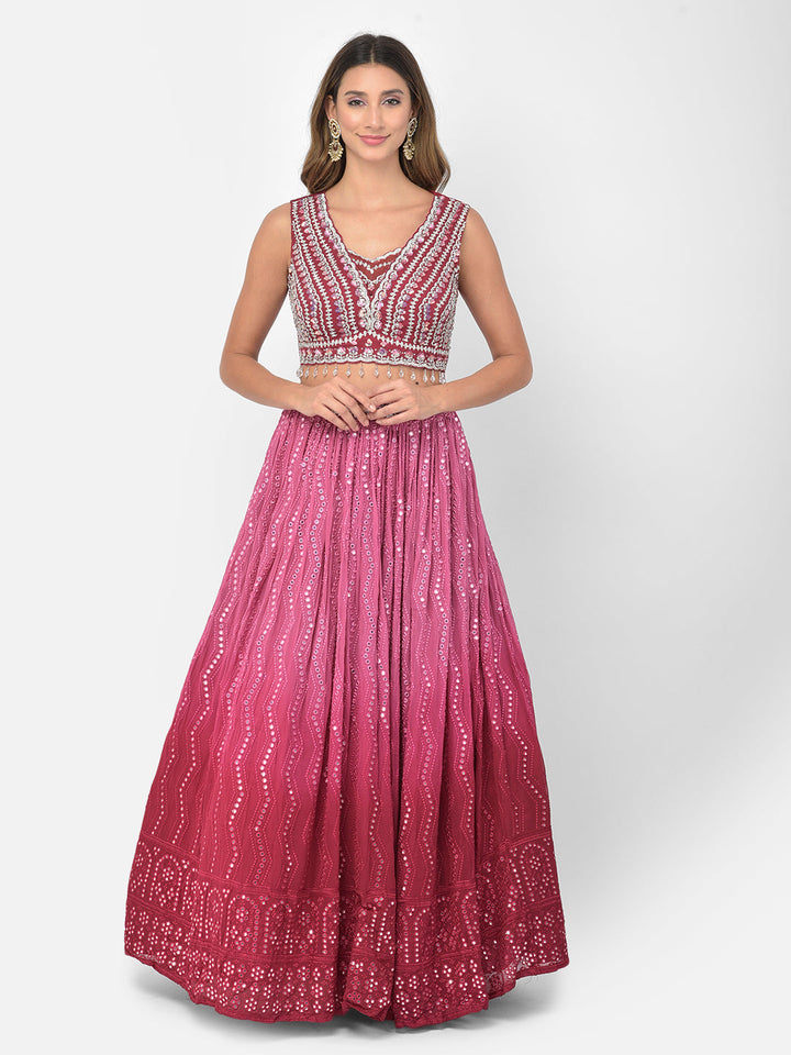 Neerus Pink georgette mirror work lehenga choli - front view