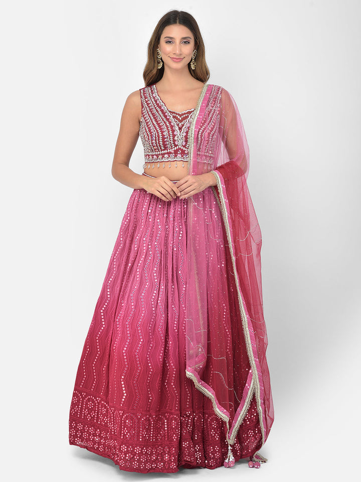 Neerus Pink georgette mirror work lehenga choli - detail view 5