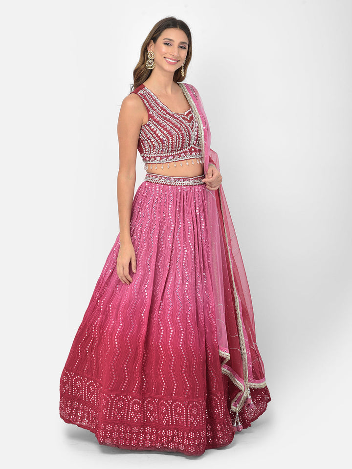 Neerus Pink georgette mirror work lehenga choli - side view