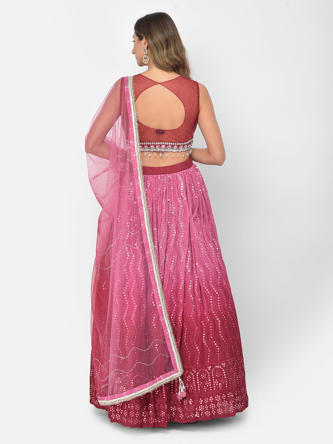 Neerus Pink georgette mirror work lehenga choli - detail view 1