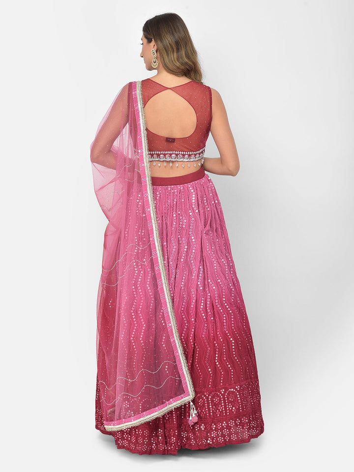 Neerus Pink georgette mirror work lehenga choli - detail view 1