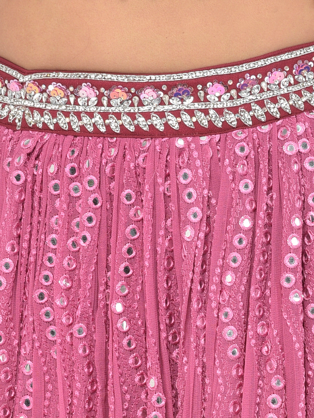Neerus Pink georgette mirror work lehenga choli - detail view 2