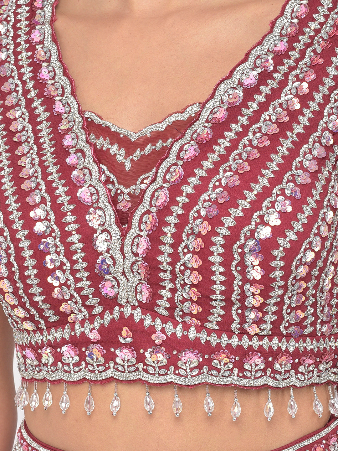 Neerus Pink georgette mirror work lehenga choli - detail view 4