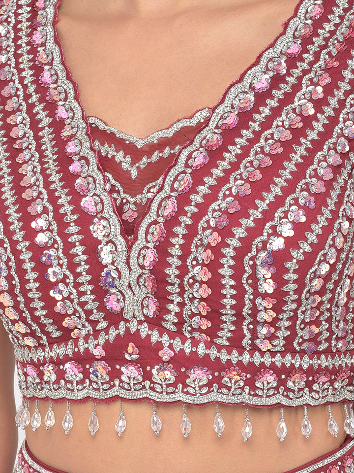 Neerus Pink georgette mirror work lehenga choli - detail view 4