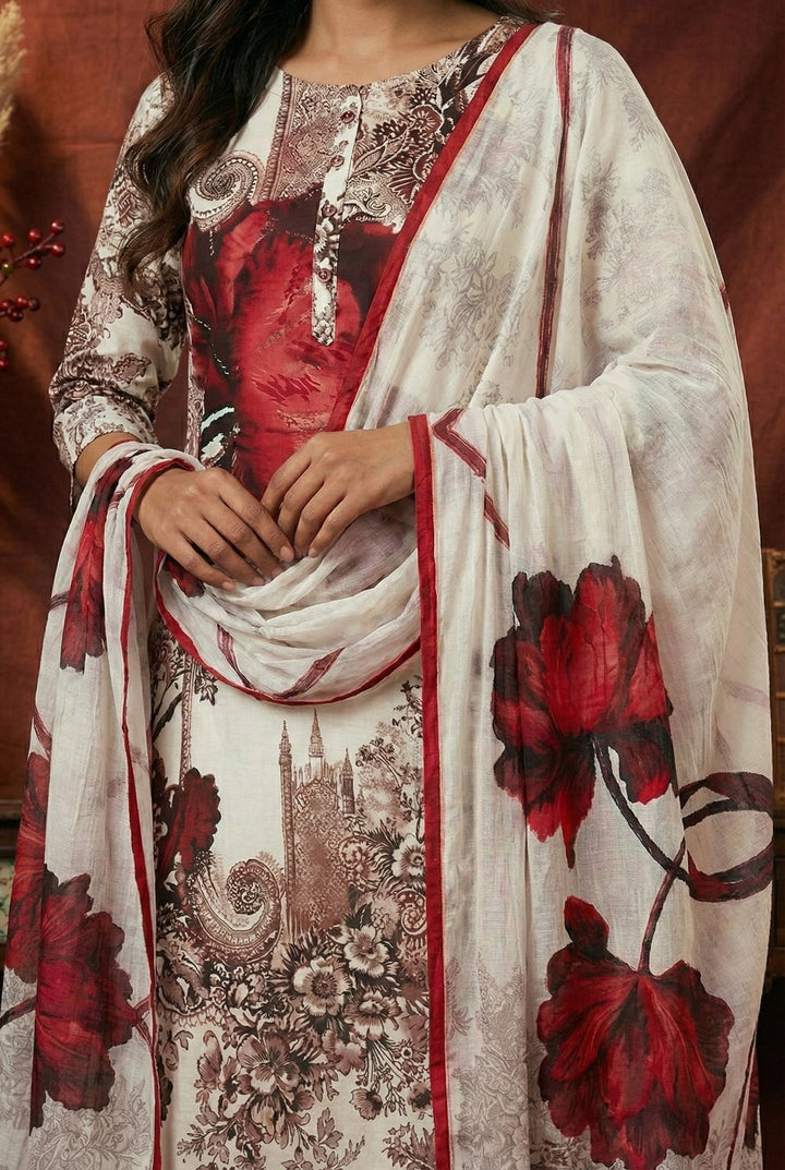 Neerus White cotton digital printed suit set - detail view 2