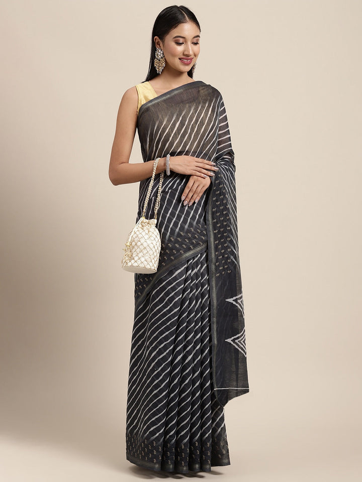 Neerus Black raw silk woven saree - front view