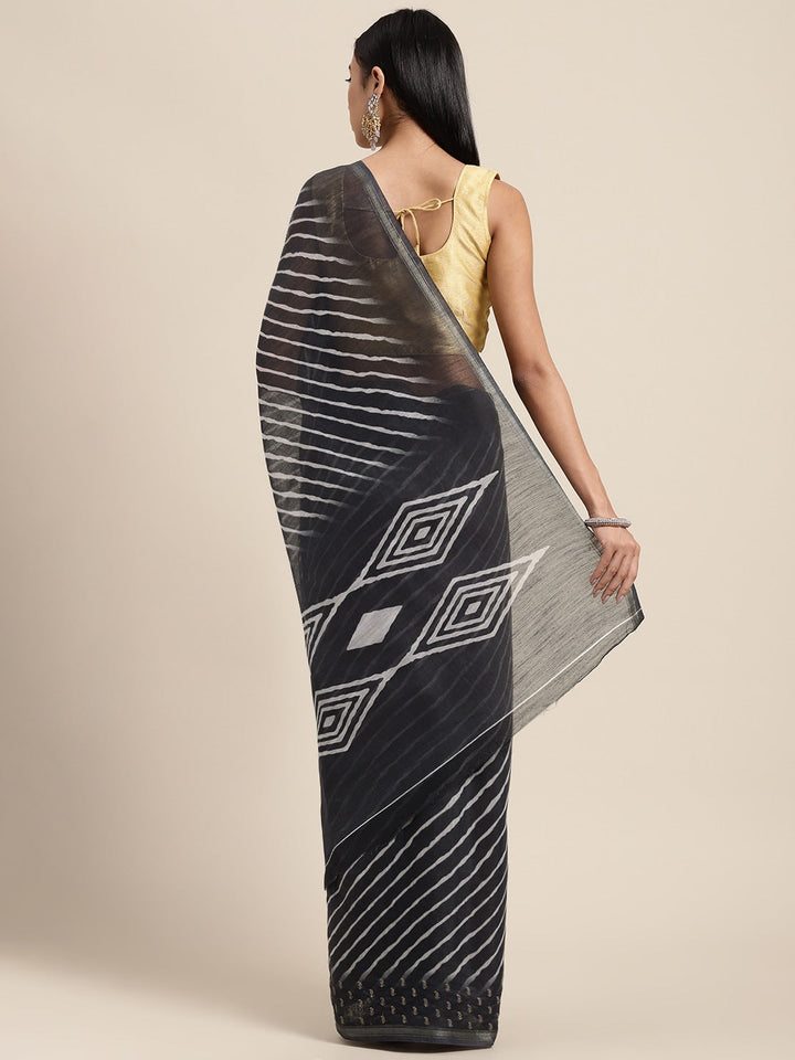 Neerus Black raw silk woven saree - back view
