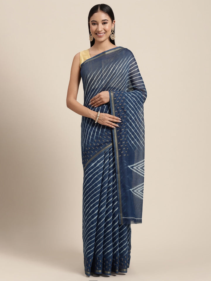 Neerus Blue raw silk woven saree - front view