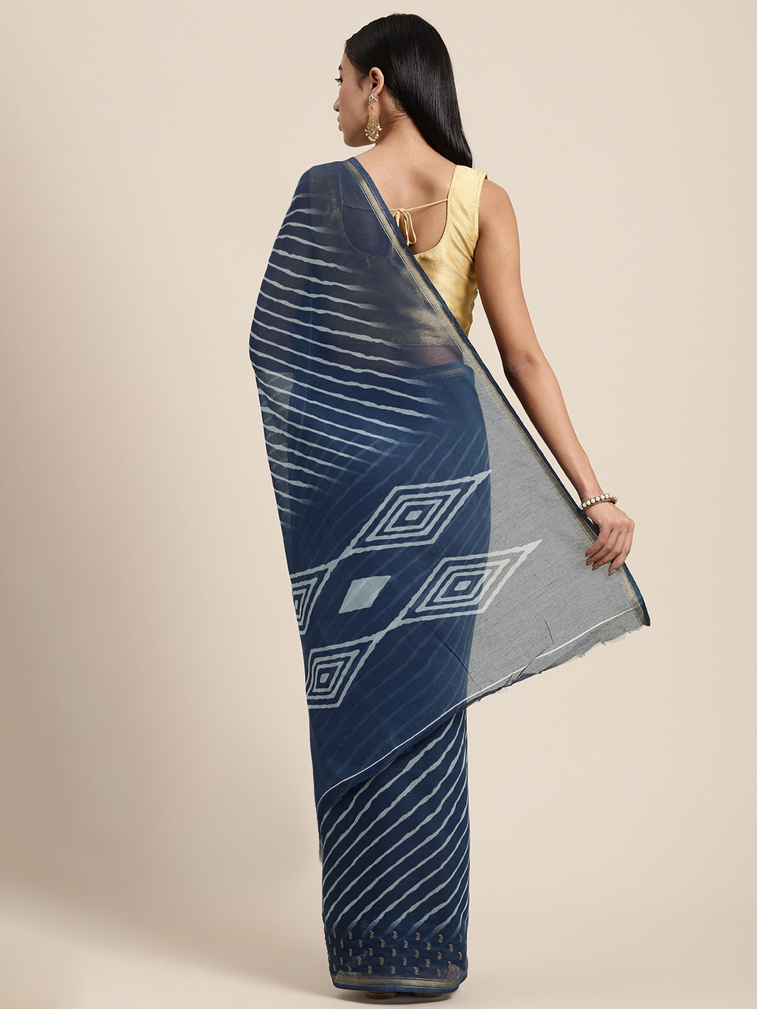 Neerus Blue raw silk woven saree - back view