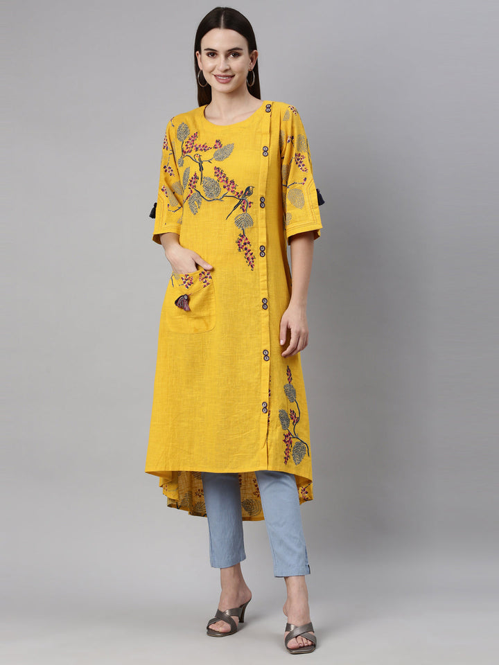 Neerus Yellow thread embroidered quirky printed kurta - detail view 3