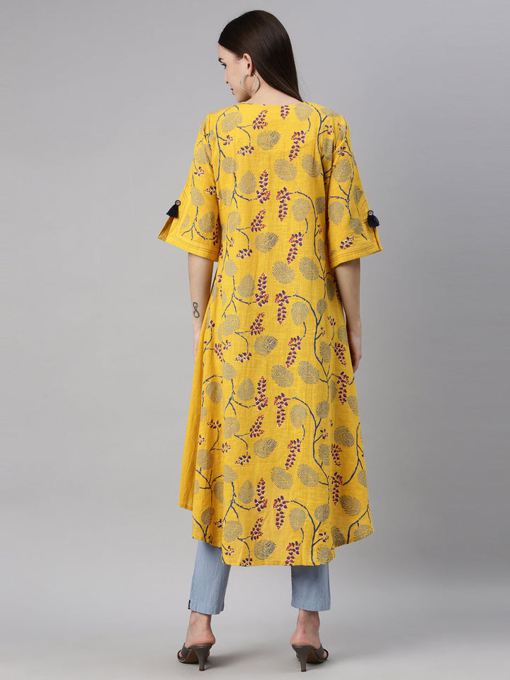Neerus Yellow thread embroidered quirky printed kurta - detail view 1