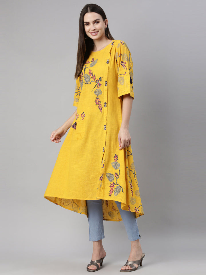 Neerus Yellow thread embroidered quirky printed kurta - front view