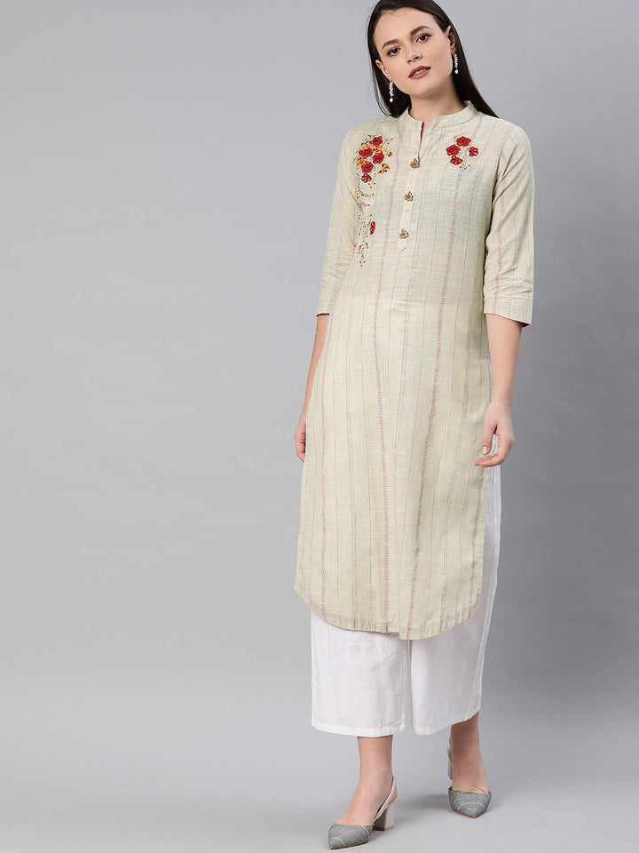 Neerus Beige slub cotton embellished straight kurti - front view