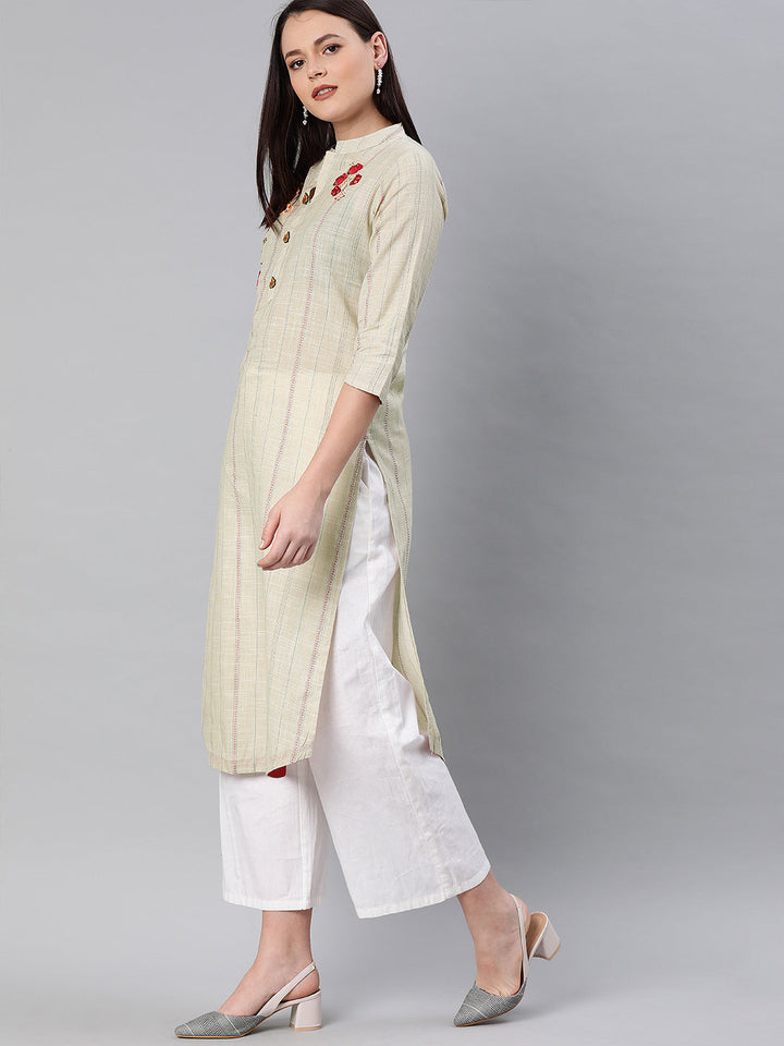 Neerus Beige slub cotton embellished straight kurti - side view