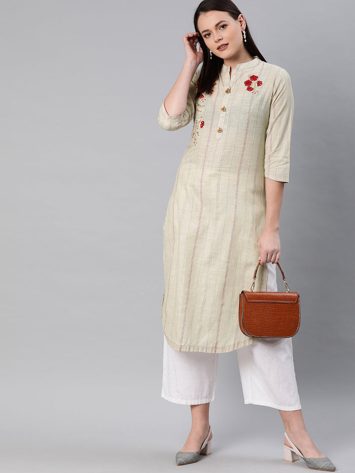 Neerus Beige slub cotton embellished straight kurti - detail view 2