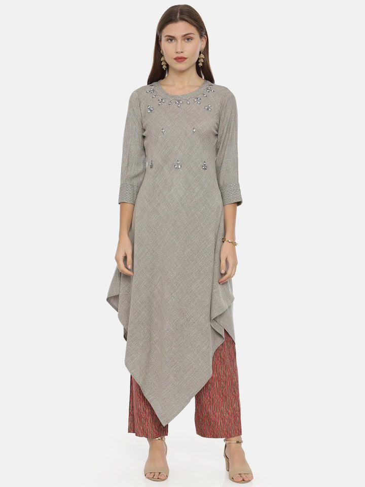 Neerus Grey viscose rayon embellished high-low kurti - front view