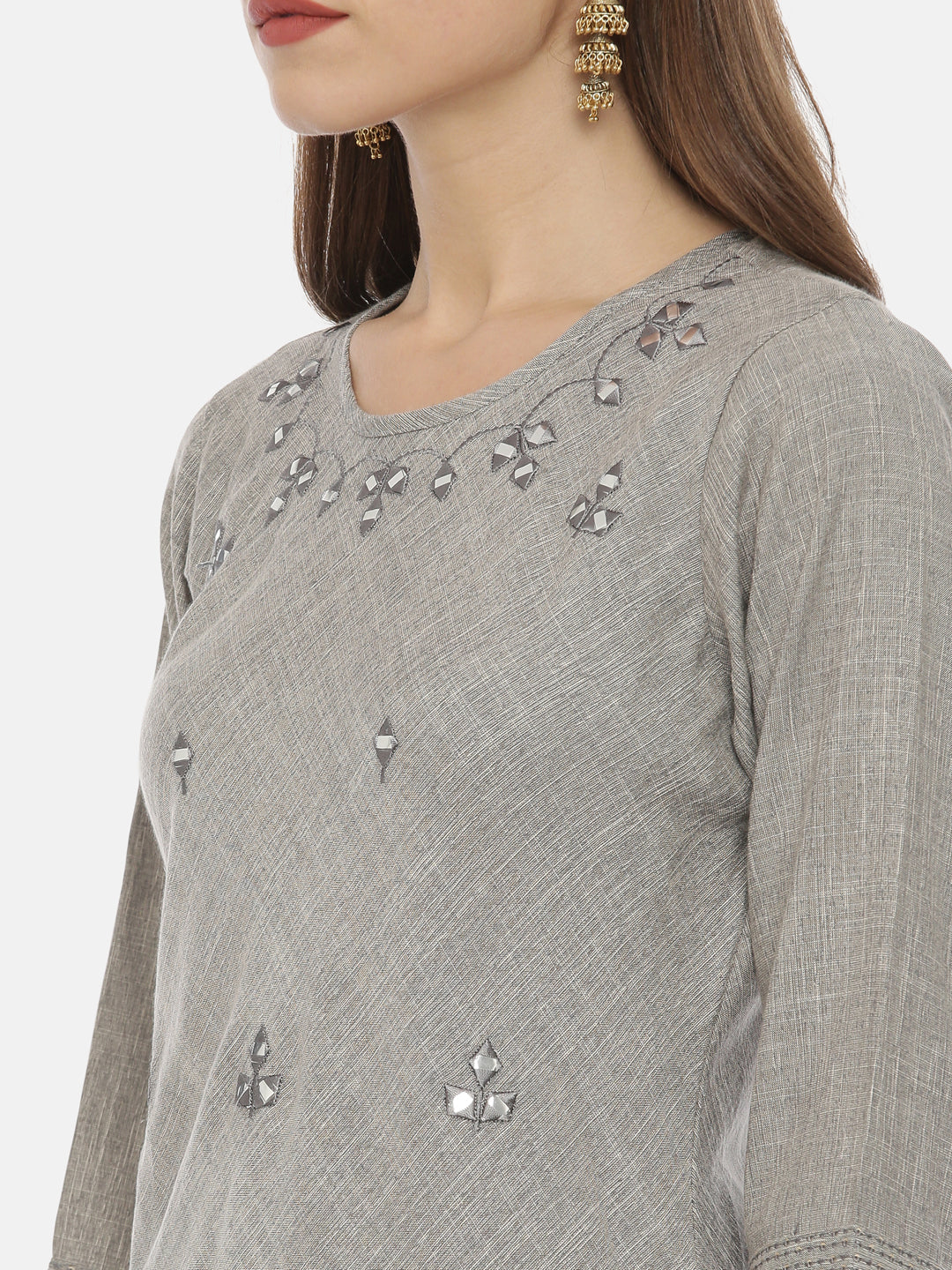 Neerus Grey viscose rayon embellished high-low kurti - back view