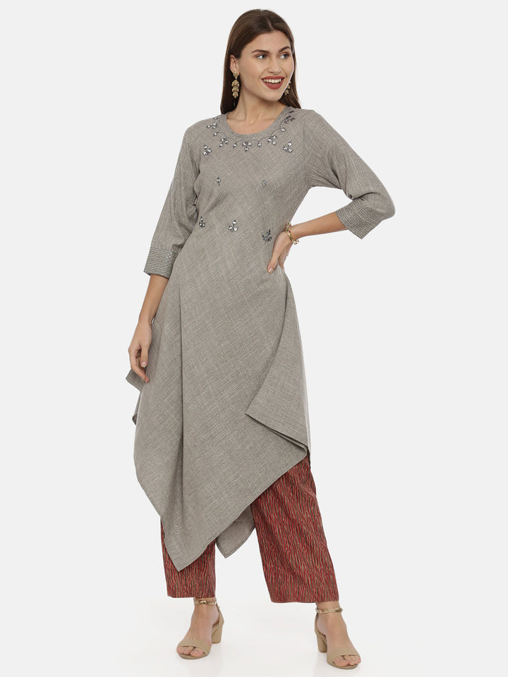 Neerus Grey viscose rayon embellished high-low kurti - detail view 3