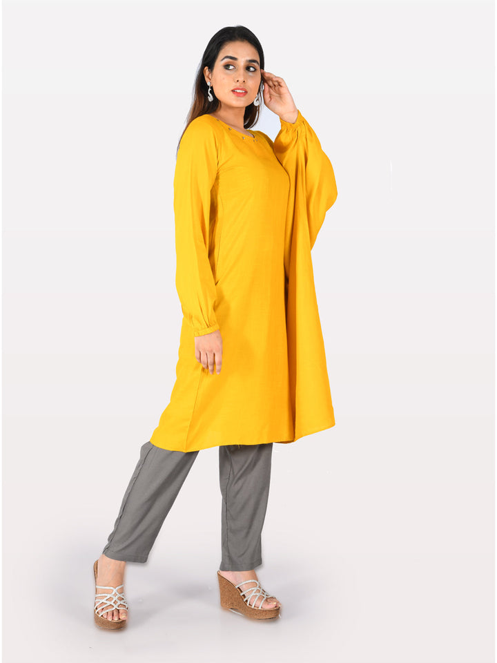Neerus Yellow rayon straight kurta - front view