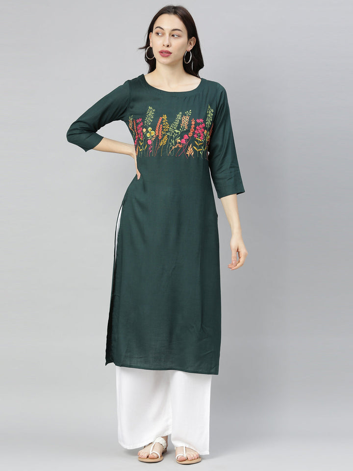 Neerus Green rayon printed kurti - front view